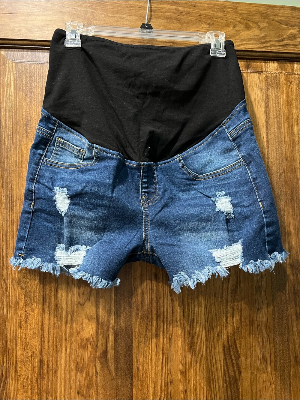 Amazon Maternity High-Waist Denim Shorts with Black Overbump Panel - Blue